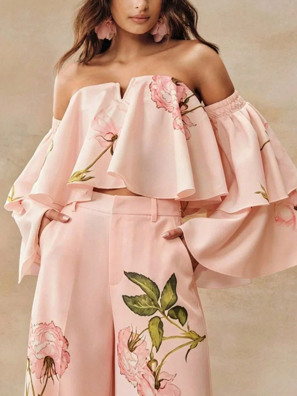 Pink Casual Women's Plants Floral Two Piece Set